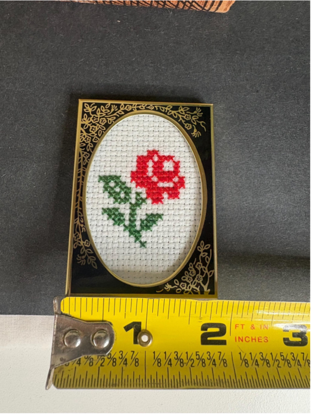 Tiny Mini Framed Cross Stitched Red Rose Trinket Shelf Vintage Style Decor - Picture 4 of 5